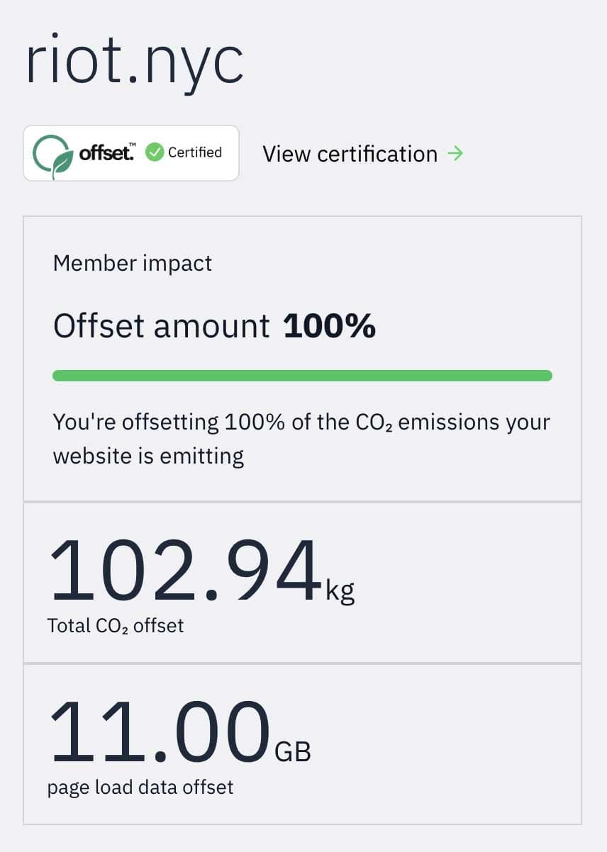 Carbon neutral website certification for riot.nyc showing 100% CO₂ emissions offset