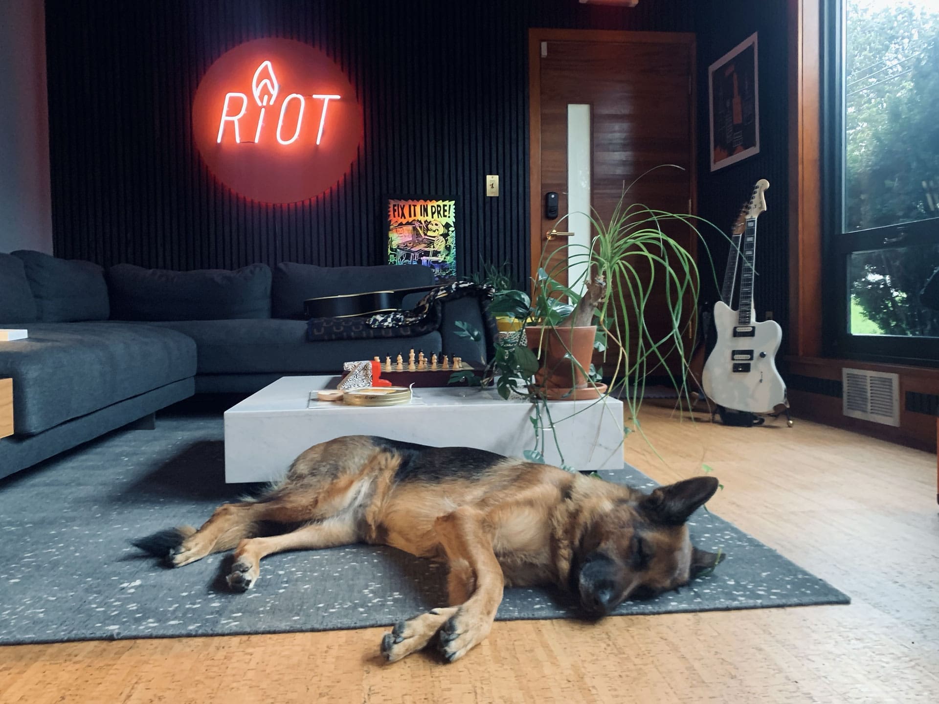 RIOT, NYC Creative Agency: RIOT studio control room featuring our relaxed German Shepherd dog mascot named Goose lying on a rug. The space includes a modern couch, a neon 'RIOT' sign on the wall, a guitar, and various plants, creating a welcoming and creative atmosphere. RIOT studio control room featuring our relaxed German Shepherd dog mascot named Goose lying on a rug. The space includes a modern couch, a neon 'RIOT' sign on the wall, a guitar, and various plants, creating a welcoming and creative atmosphere.
