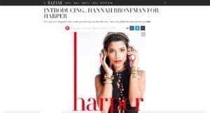 Screenshot of Harper’s Bazaar webpage introducing Hannah Bronfman with the title “Introducing… Hannah Bronfman for Harper.”