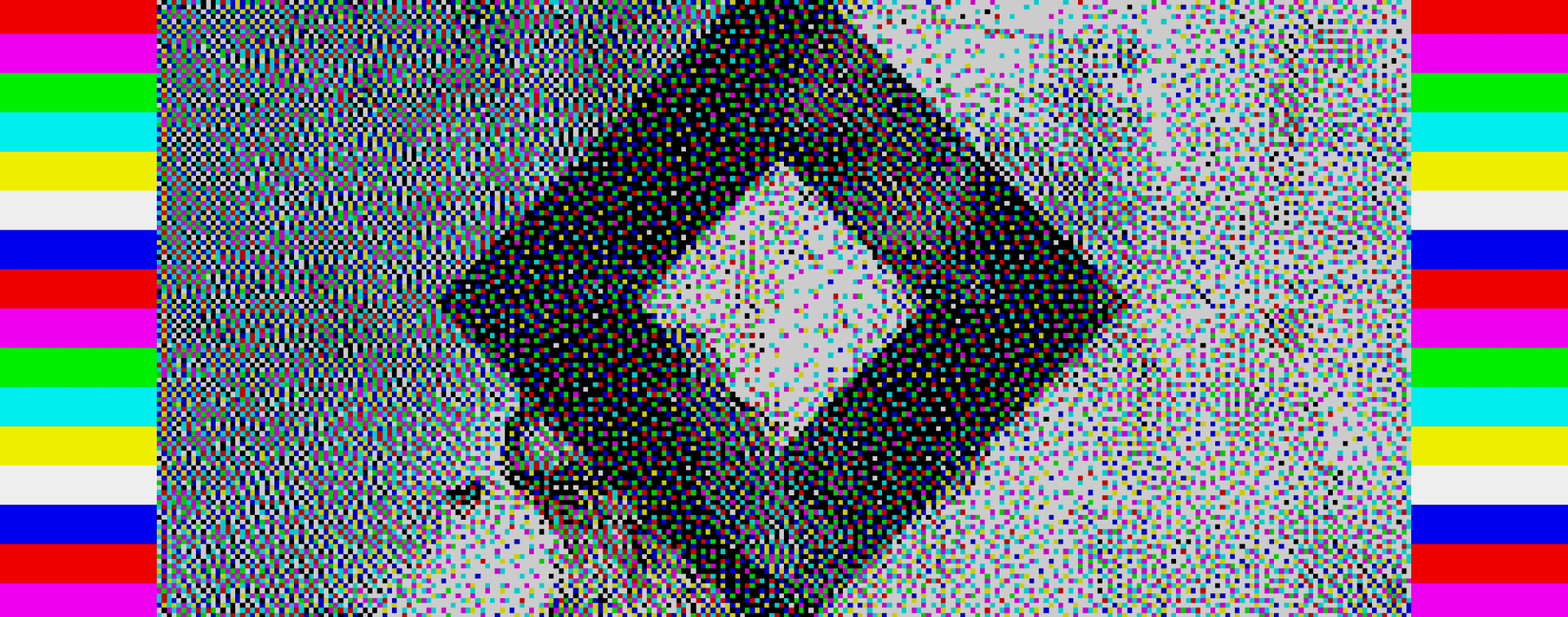 ZX Spectrum–style loading screen of a black hazard diamond on cracked wall with full rainbow border stripes behind the image