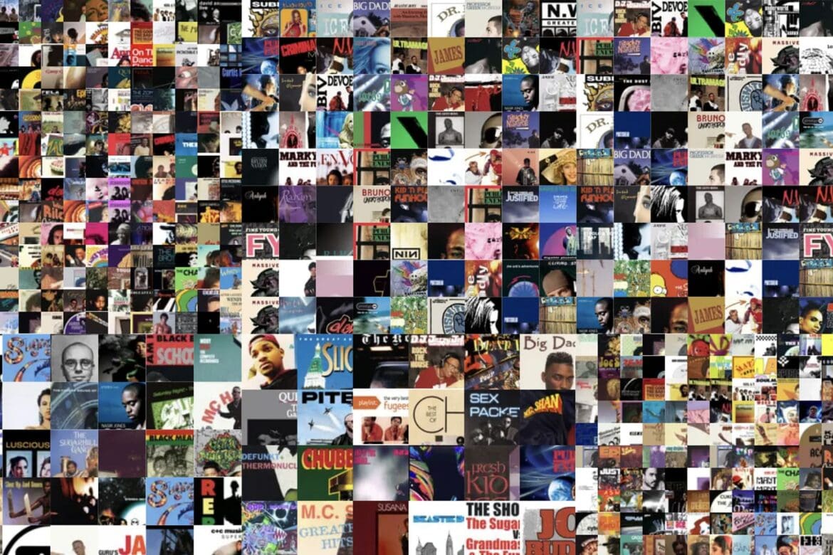 A collage of album covers from iconic sampled tracks featured in the RIOT article, “Sampled: The Originals Behind Iconic Hits.”