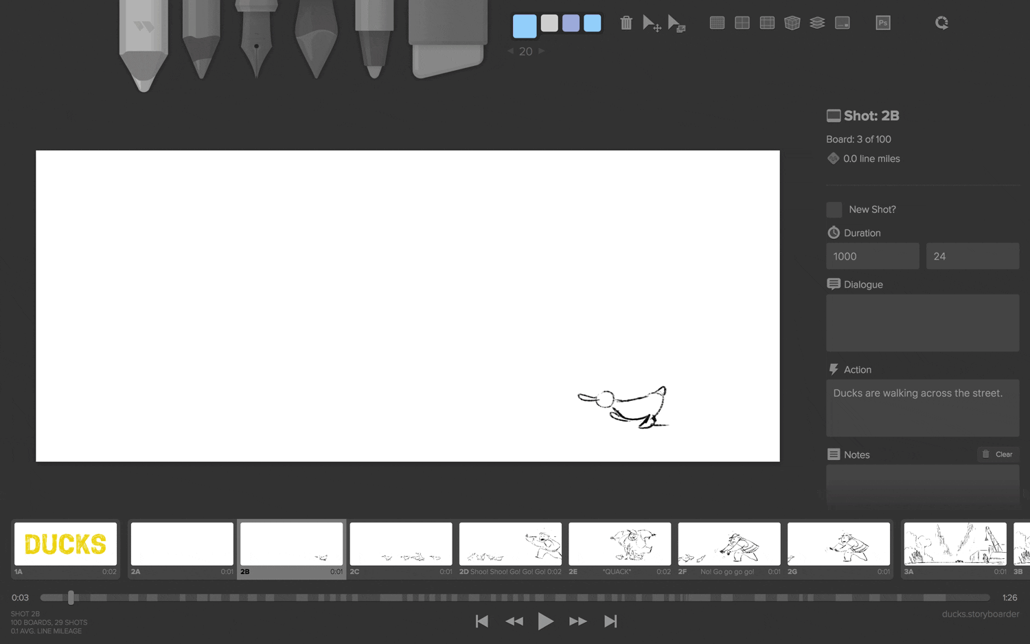 A screenshot of Storyboarder software displaying a simple storyboard sequence with ducks walking across the street, demonstrating scene organization and visual pre-planning.