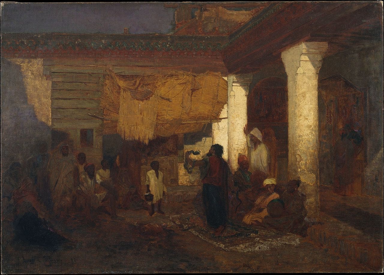 Painting by Louis Comfort Tiffany, "Snake Charmer at Tangier, Africa," depicting a dramatic scene of a snake charmer performing in a shadowed Moroccan courtyard. Image via Wikimedia Commons.