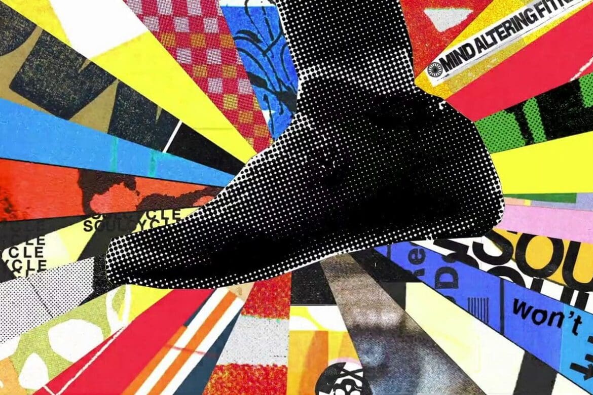 Collage artwork from SoulCycle docufilm featuring vibrant colors and text elements symbolizing movement and energy