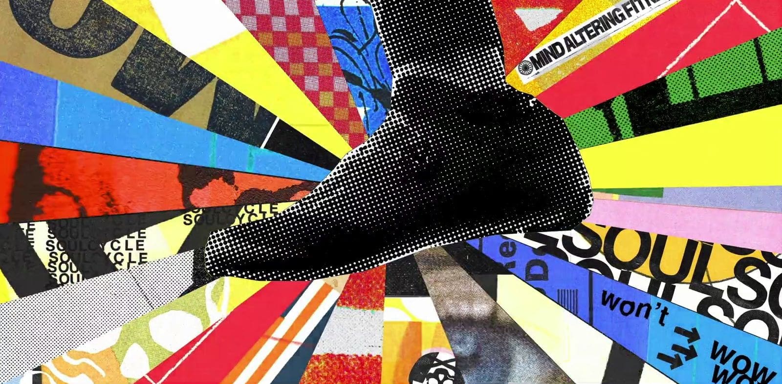 Collage artwork from SoulCycle docufilm featuring vibrant colors and text elements symbolizing movement and energy
