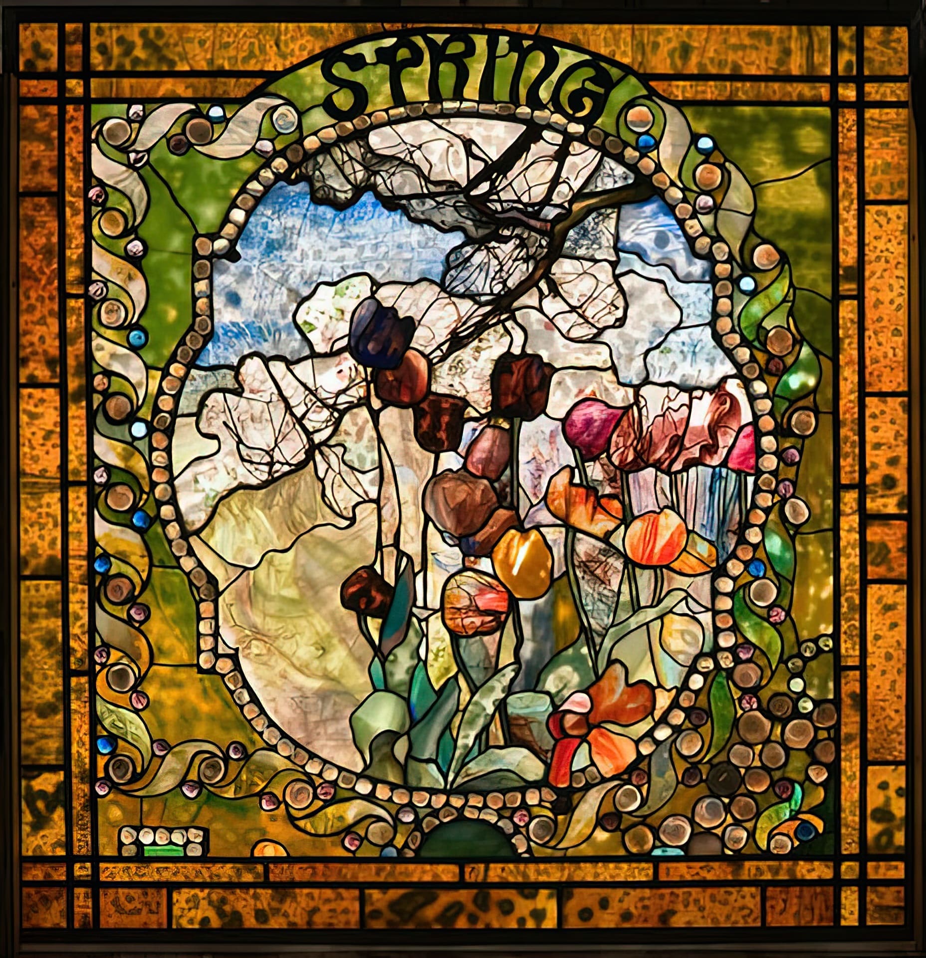 RIOT, NYC Creative Agency: “Spring” panel from Tiffany Studios’ Four Seasons stained glass window, depicting vibrant flowers and swirling motifs. Image via Wikimedia Commons. “Spring” panel from Tiffany Studios’ Four Seasons stained glass window, depicting vibrant flowers and swirling motifs. Image via Wikimedia Commons.