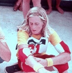 Stacy Peralta, skateboarder and filmmaker, in a vintage photo, showcasing his influence on skateboarding culture.