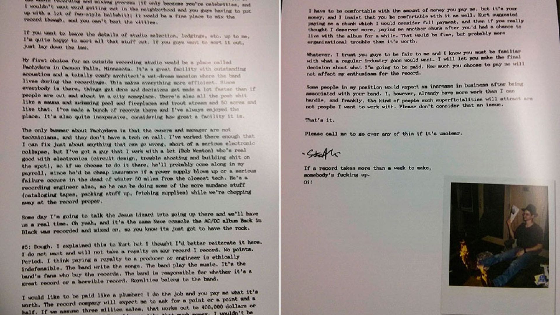 A scanned image of Steve Albini’s original letter to Nirvana
