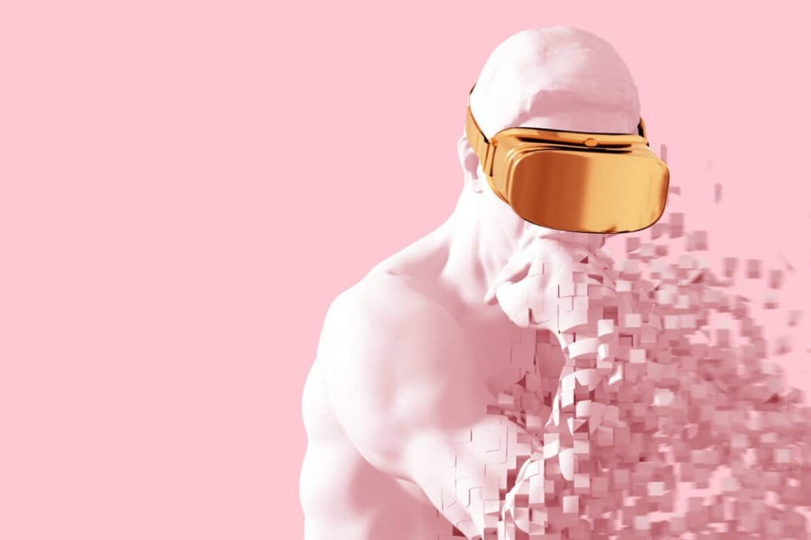 A futuristic human figure wearing a gold VR headset, dissolving into digital pixels, symbolizing the intersection of business, technology, and innovation.