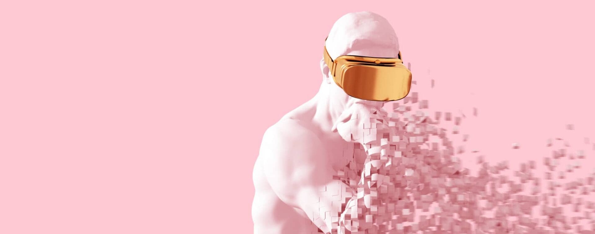 Business & Technology | The Future of Innovation & Strategy A futuristic human figure wearing a gold VR headset, dissolving into digital pixels, symbolizing the intersection of business, technology, and innovation.