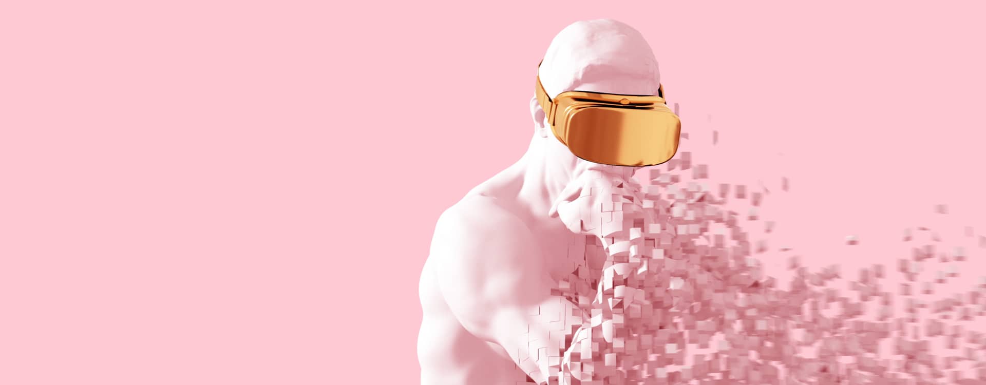 A futuristic human figure wearing a gold VR headset, dissolving into digital pixels, symbolizing the intersection of business, technology, and innovation.