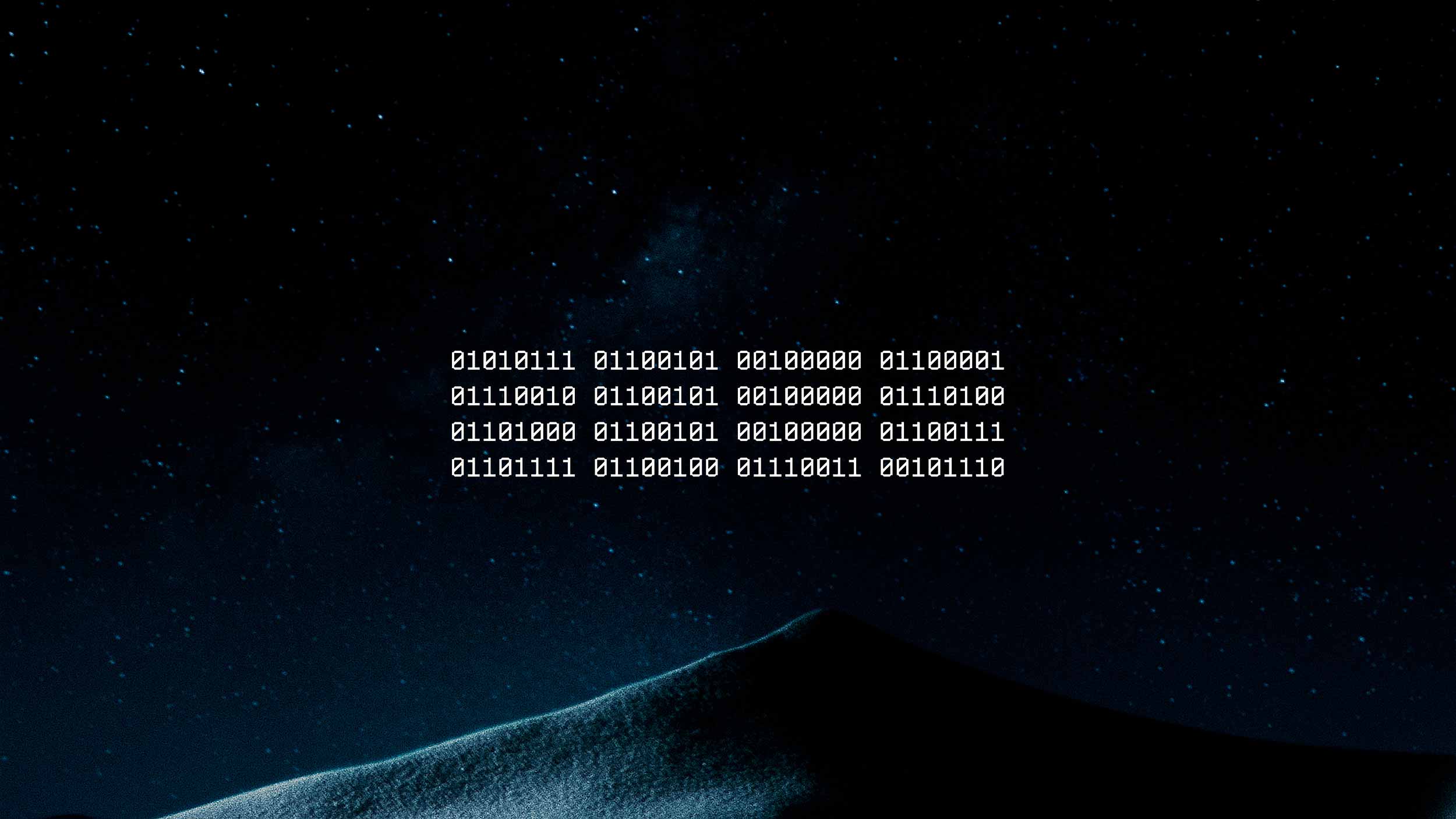 Binary code floating over a dark starry night sky in a cinematic still from Bleed Electric’s This Is My Masterpiece video