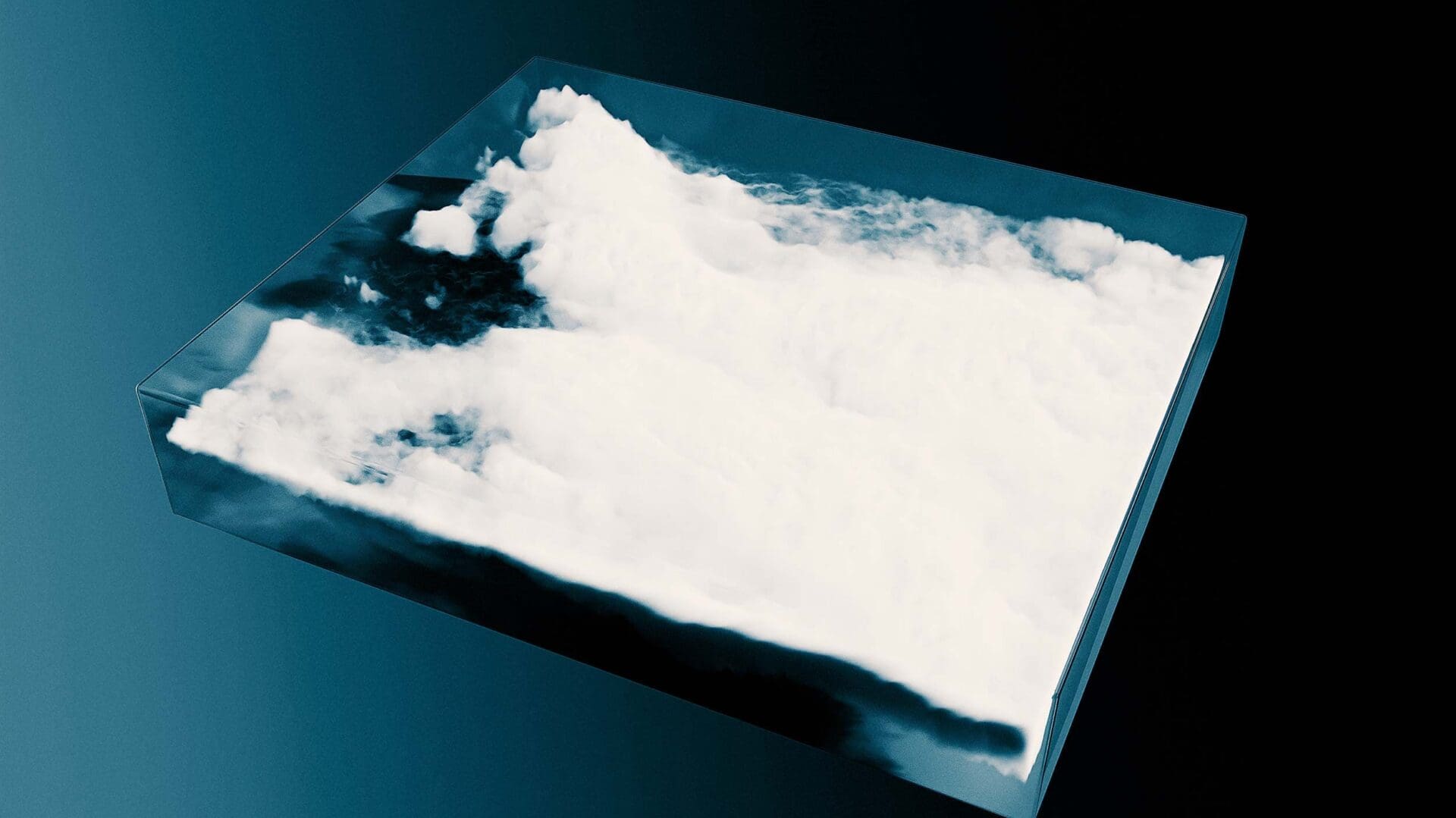 Rectangular floating slab containing volumetric clouds suspended over a gradient blue background