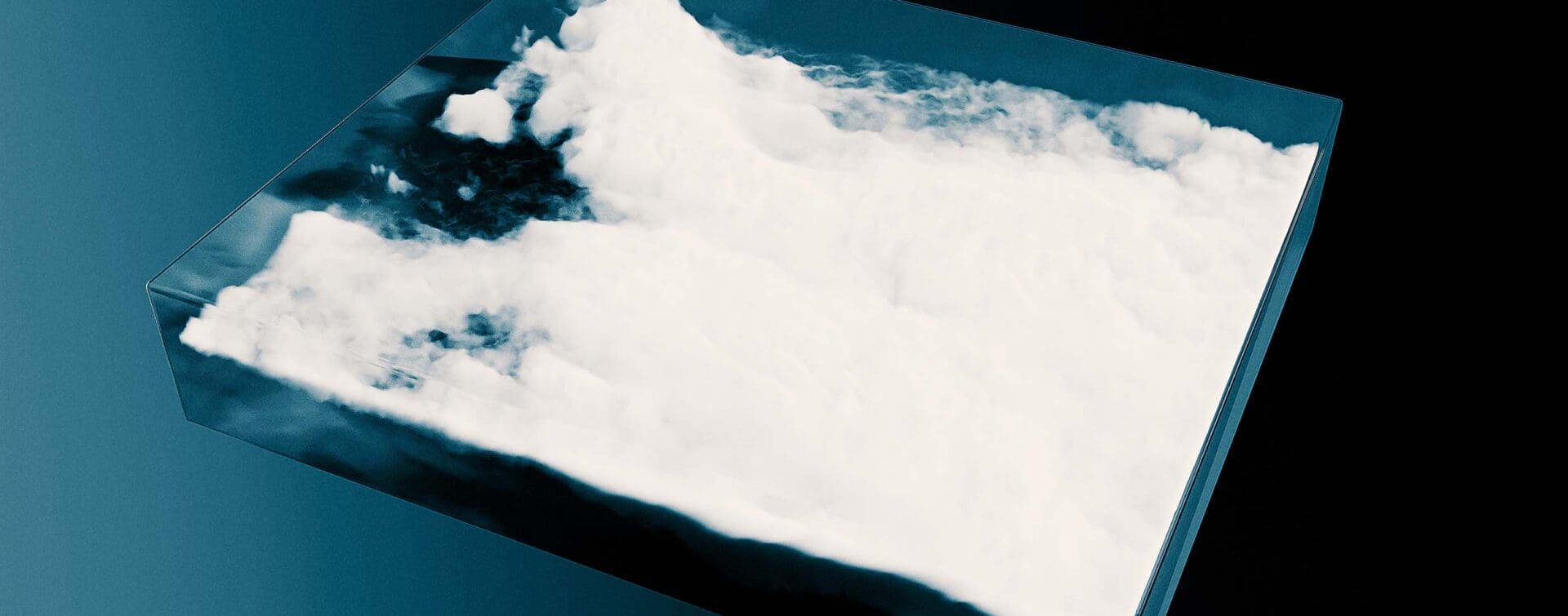 Rectangular floating slab containing volumetric clouds suspended over a gradient blue background