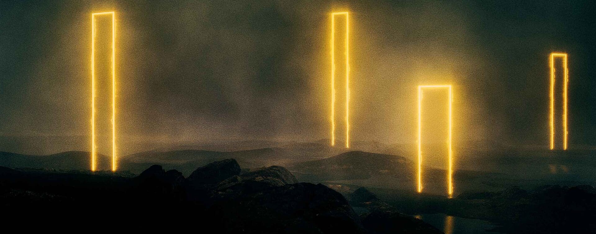 This Is My Masterpiece – Golden Monoliths in Apocalyptic Landscape Tall glowing golden monoliths standing in a dark misty landscape from Bleed Electric’s This Is My Masterpiece music video