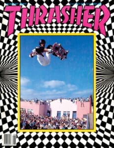 August 1987 cover of Thrasher magazine featuring a skateboarder in mid-air, with a crowd watching below and a checkered background.