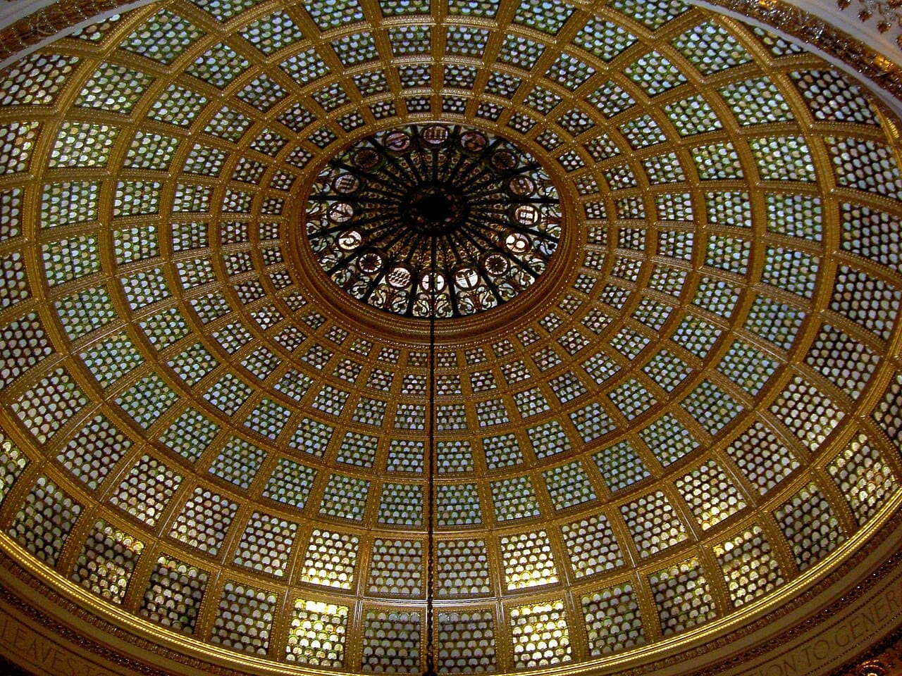 Tiffany Dome at the Chicago Cultural Center, a masterpiece of stained glass and light by Louis Comfort Tiffany. Image via Wikimedia Commons.
