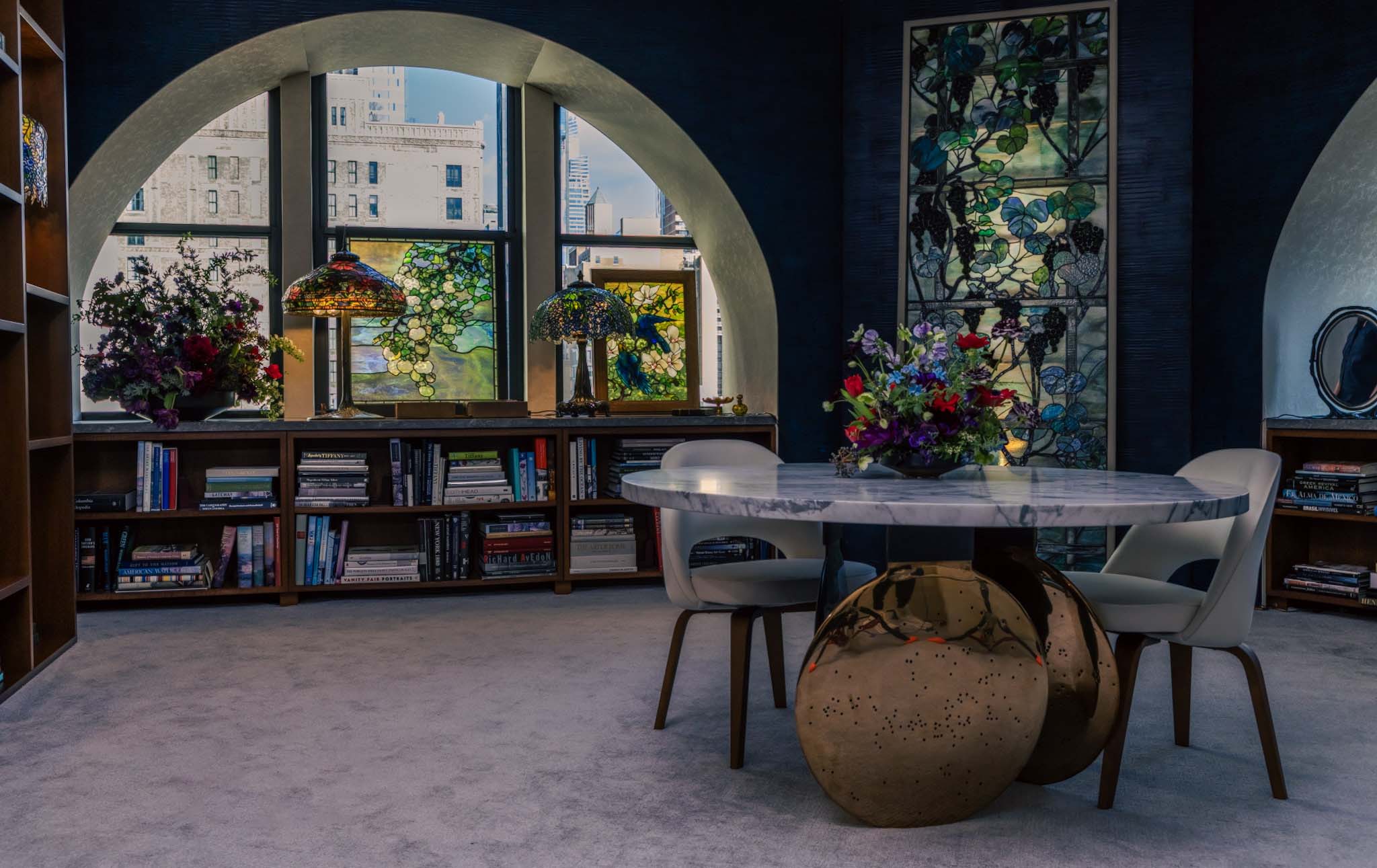 RIOT, NYC Creative Agency: The staged Tiffany archive room with stained glass, lamps, and marble table, captured for Tiffany x Frankenstein by RIOT. The staged Tiffany archive room with stained glass, lamps, and marble table, captured for Tiffany x Frankenstein by RIOT.