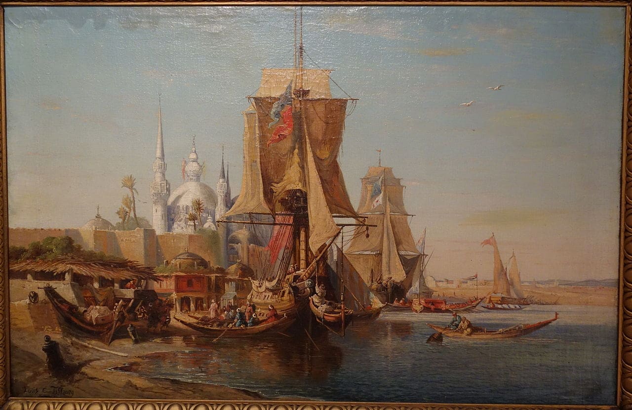 Seascape painting by Louis Comfort Tiffany depicting ships in a harbor, with domed architecture in the background. Undated oil on canvas, housed at the New Britain Museum of American Art.