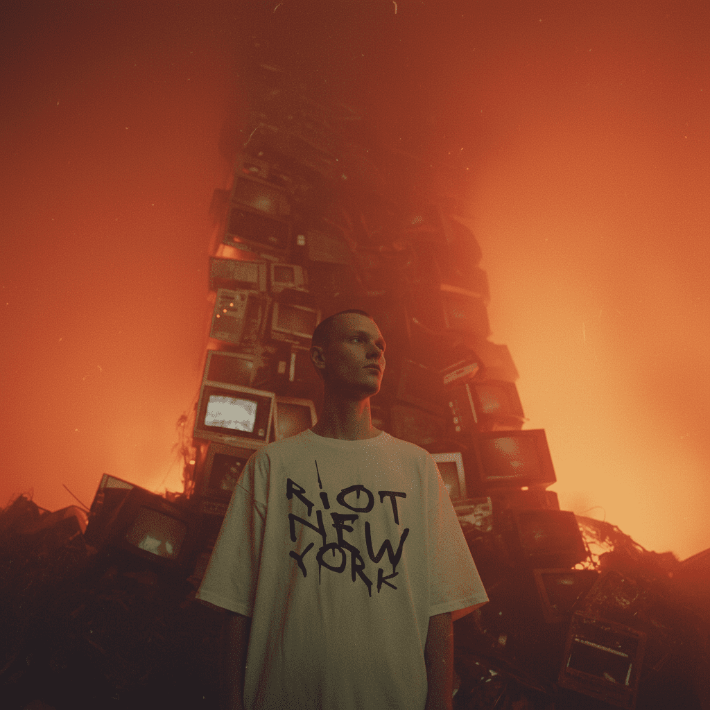 Model in RIOT New York shirt stands in front of a burning tower of stacked televisions, lit by red-orange glow.