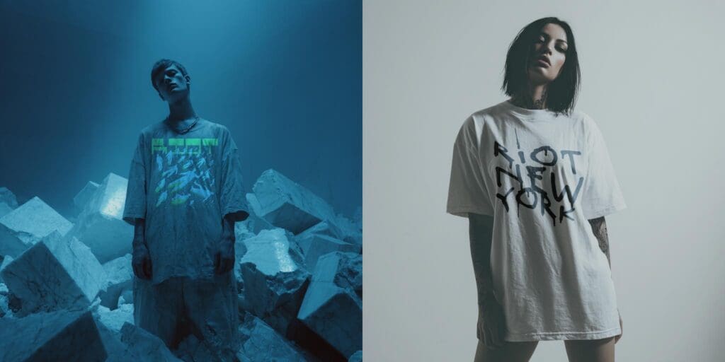 RIOT, NYC Creative Agency: Two models in oversized RIOT New York tees, one standing on marble rubble under blue light, one in studio with white wall. Two models in oversized RIOT New York tees, one standing on marble rubble under blue light, one in studio with white wall.