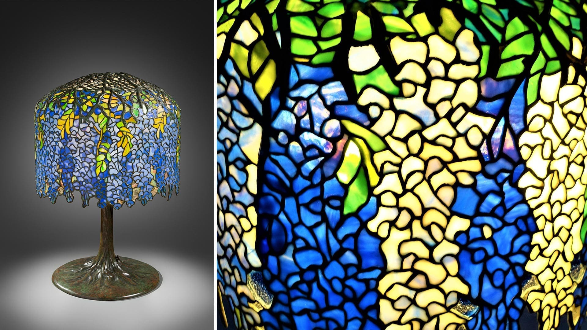 RIOT, NYC Creative Agency: “Wisteria” table lamp designed by Clara Driscoll for Tiffany Studios, showcasing cascading blue and purple blossoms. Image via Wikimedia Commons. “Wisteria” table lamp designed by Clara Driscoll for Tiffany Studios, showcasing cascading blue and purple blossoms. Image via Wikimedia Commons.