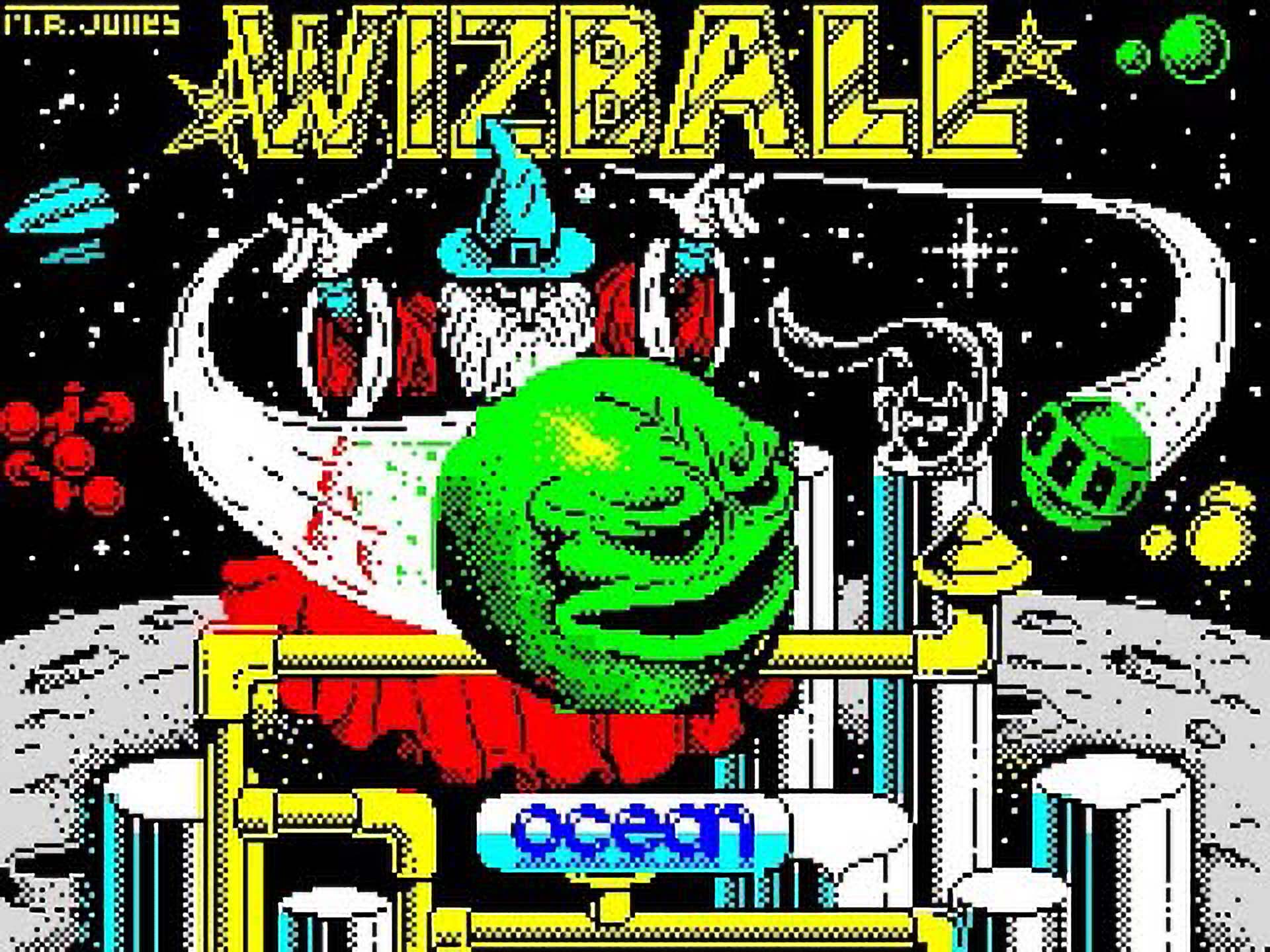 RIOT, NYC Creative Agency: Wizball Spectrum loading screen featuring a green wizard, planets, and abstract structures. Wizball Spectrum loading screen featuring a green wizard, planets, and abstract structures.