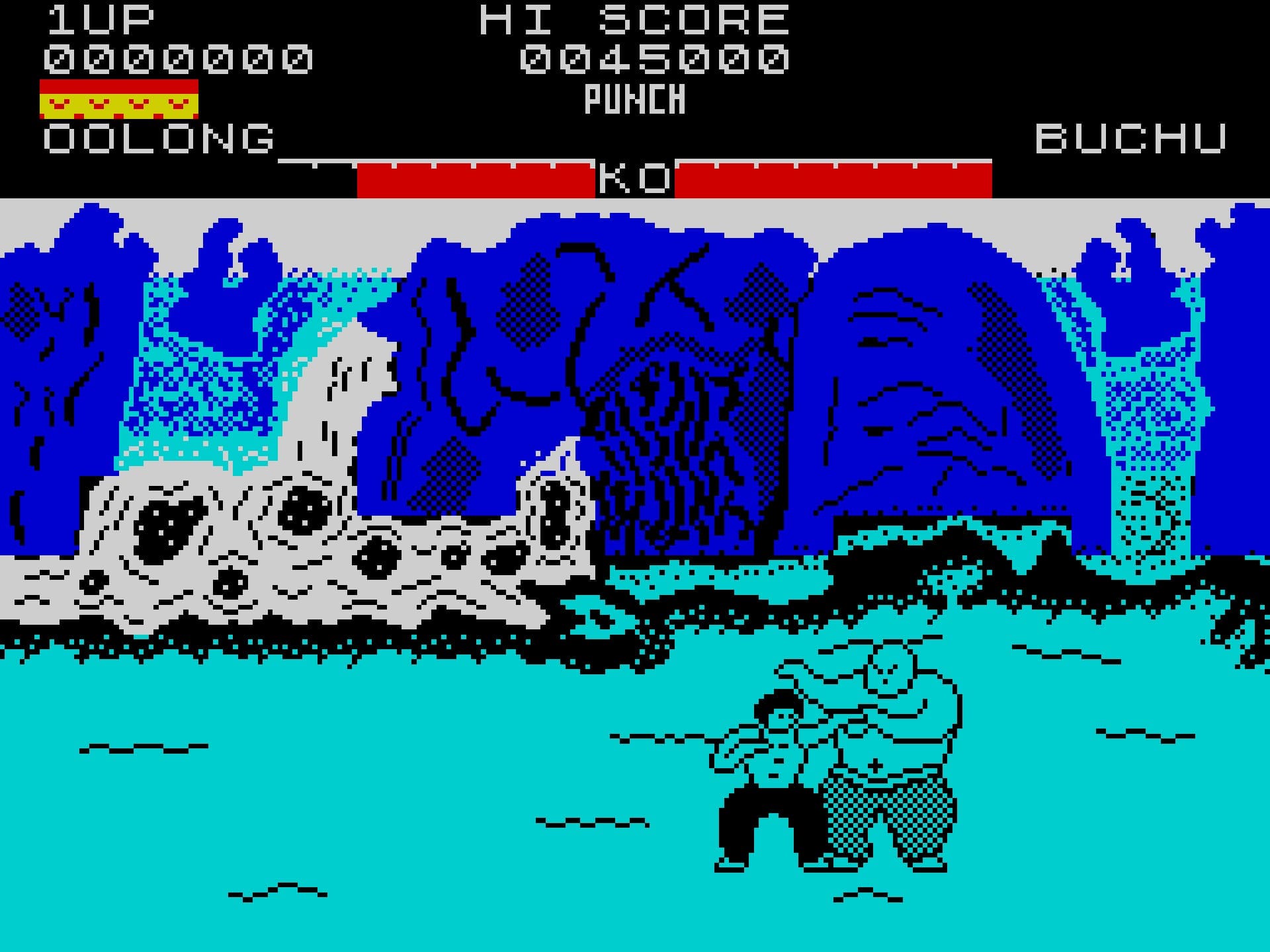 Yie Ar Kung-Fu Spectrum screenshot featuring a fight between Oolong and Buchu
