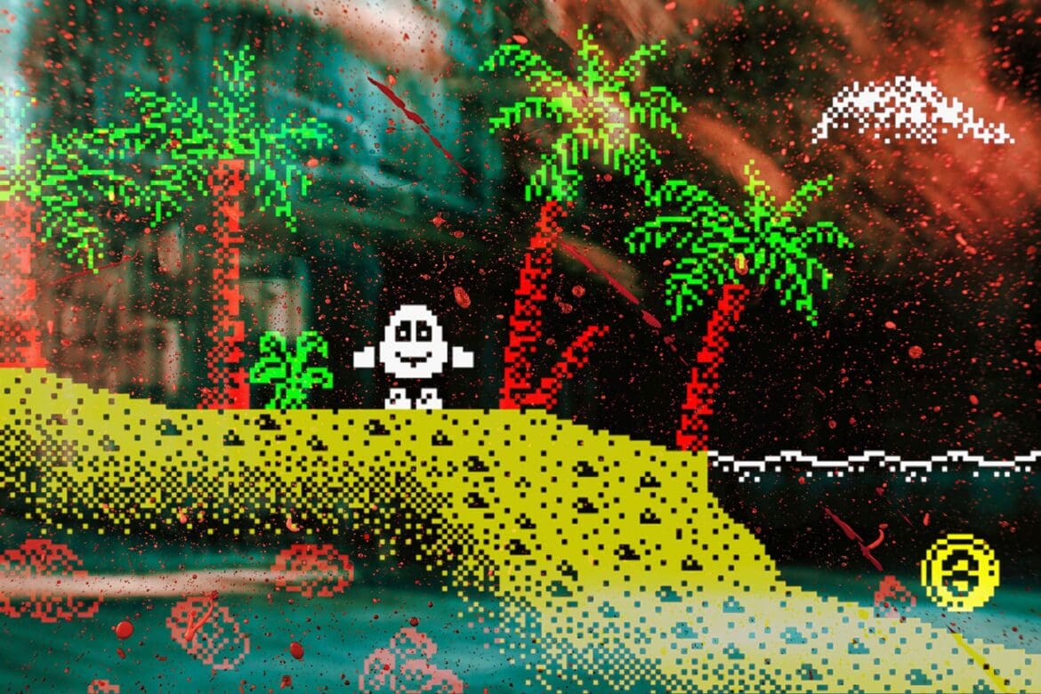 ZX Spectrum 48K artwork featuring Dizzy on a pixelated island with modern visual effects.