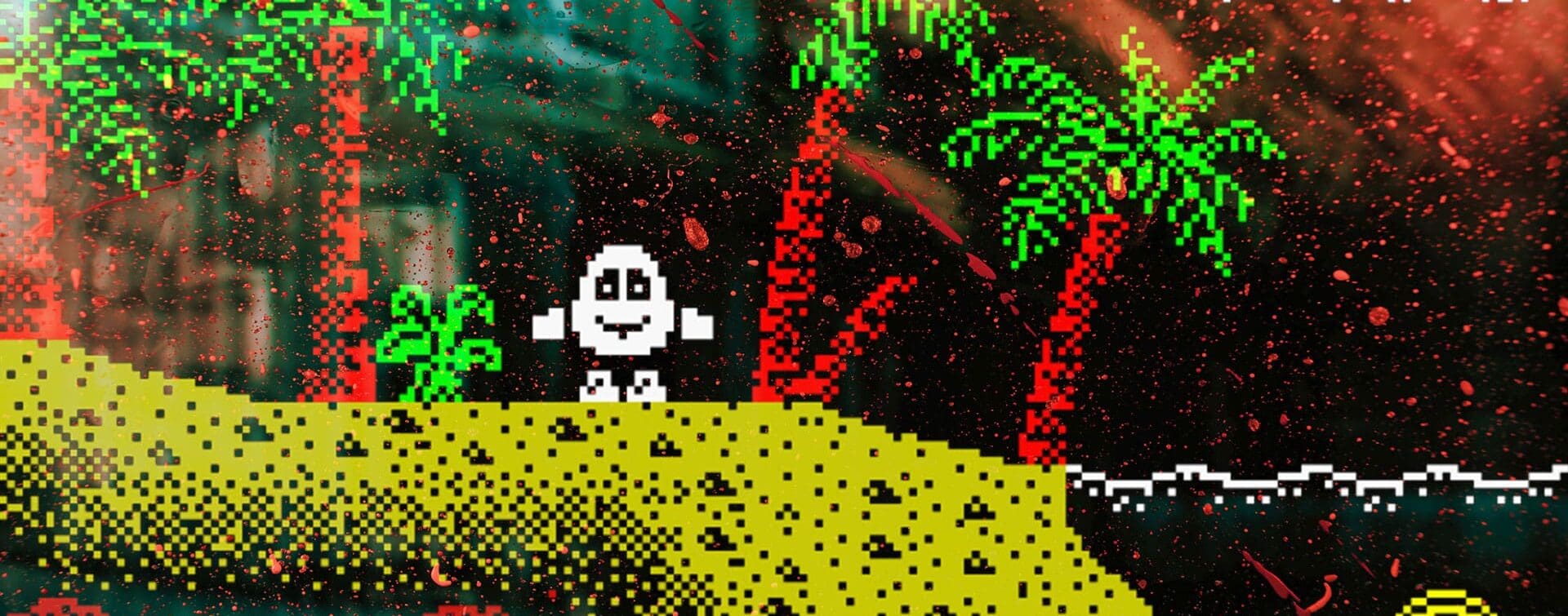 ZX Spectrum 48K artwork featuring Dizzy on a pixelated island with modern visual effects.